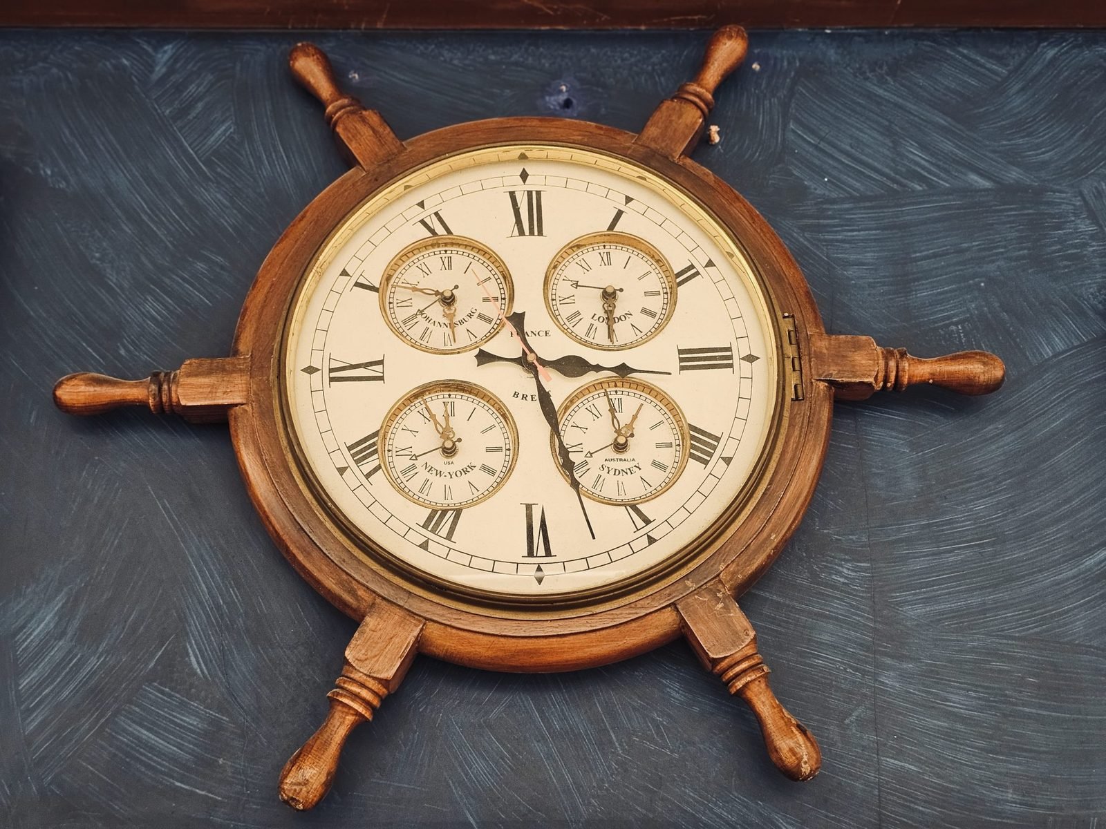 Vintage ship's-wheel style wall clock with Roman numerals displaying multiple world time zones